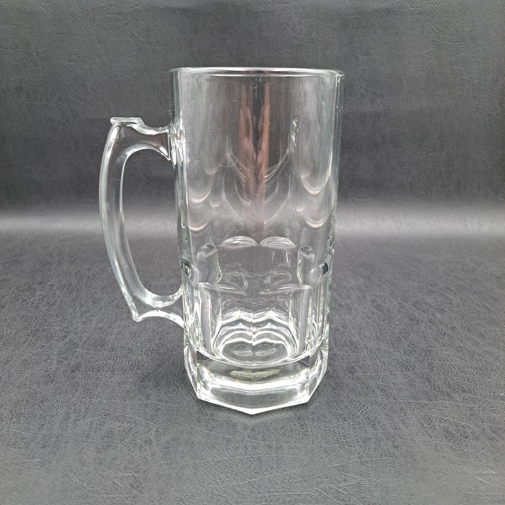 Vintage‎ Style Clear Glass Paneled Mug Stein with Hexagonal Base and Handle
